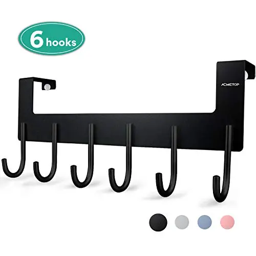 ACMETOP Over The Door Hook Hanger, Heavy-Duty Organizer for Coat, Towel, Bag, Robe - 6 Hooks, Aluminum, Matte Finish (Black)