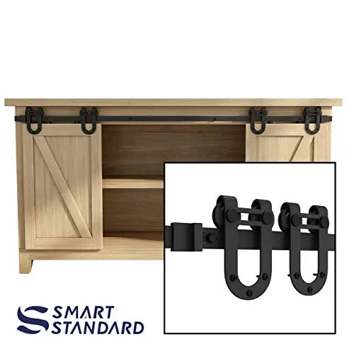 SMARTSTANDARD 5FT Super Mini Sliding Barn Door Hardware Track Kit -Smoothly and Quietly -for Double Opening Cabinet, TV Stand, Closet, Window -Fit 15&quot-20&quot Wide Door Panel -U Shape Hanger (NO Cabinet)