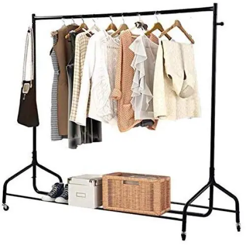 ROBTLE Rolling Garment Rack, Heavy Duty Single Metal Rolling Clothes Stand with Bag Hat Hook and Lower Storage Shelf for Boxes Shoes Boots Free Standing Clothes Hanger Rack, Large Capacity 220lbs