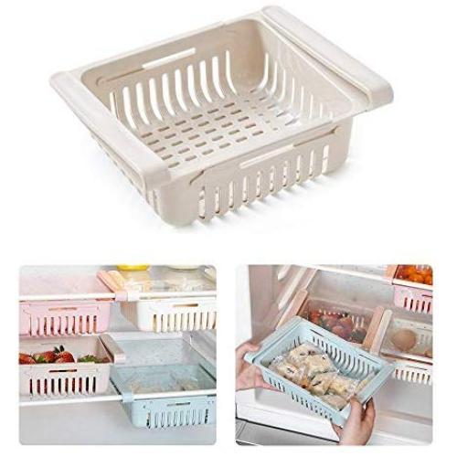 MOGOI Retractable Fridge Drawer Organizer, Kitchen Refrigerator Fridge Storage Boxes Keep Fridge Tidy Shelf Holder Food Container Baskets Storage Containers Magnet Set for Fruits Drink Juice Vegetables