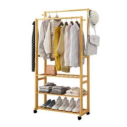 Cxjff Floor Standing Coat Rack Multifunction Hanger Clothes 4 Hooks Shoes Shelves Easy Install, Bamboo, 3 Sizes (Color : Wood Color, Size : 60x37.5x164cm)