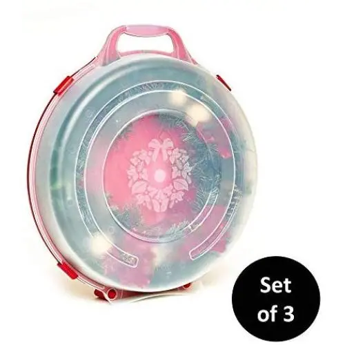 Homz Holiday Wreath Plastic Storage Boxes with Clear Lid (up to 24-Inch Diameter), Red (3-Pack)