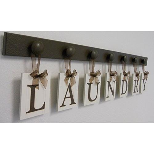 Laundry Room Sign Wall Decor Personalized Hanging Letters includes Wooden Hook Hangers and Letter Word LAUNDRY in Chocolate Brown