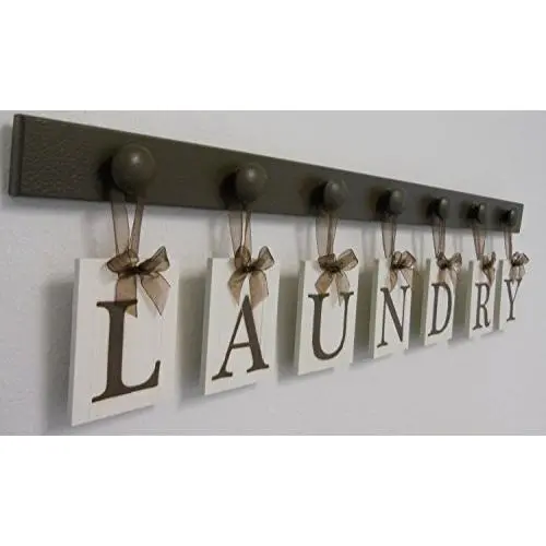 Laundry Room Sign Wall Decor Personalized Hanging Letters includes Wooden Hook Hangers and Letter Word LAUNDRY in Chocolate Brown
