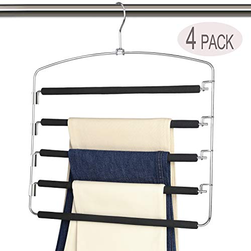 Magicool Space Saving Metal Pants Hangers(4 Pack) 5 Layers Skidproof Foam Padded with Swing Arm Closet Organizer for Pants Jeans Trousers Skirts Scarf Ties