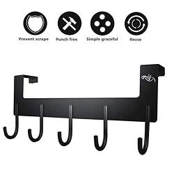 Rongyuxuan Over The Door Hook Hanger, Punch Free Coat Hooks Heavy-Duty Organizer for Coat, Hat, Towel, Bag, Robe, Umbrella - 5 Hooks, Aluminum,Reuses (Black)