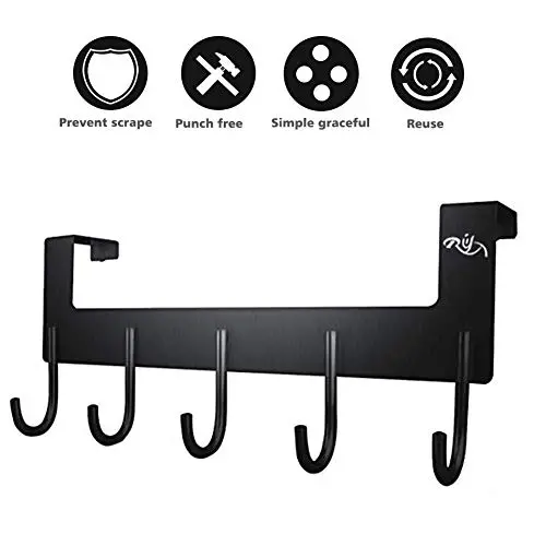 Rongyuxuan Over The Door Hook Hanger, Punch Free Coat Hooks Heavy-Duty Organizer for Coat, Hat, Towel, Bag, Robe, Umbrella - 5 Hooks, Aluminum,Reuses (Black) Rongyuxuan Over The Door Hook Hanger, Punch Free Coat Hooks Heavy-Duty Organizer for Coat, Hat, Towel, Bag, Robe, Umbrella - 5 Hooks, Aluminum,Reuses (Black)