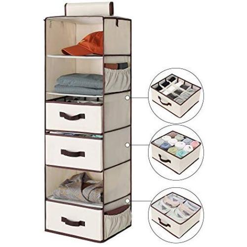 StorageWorks 6-Shelf Hanging Dresser, Foldable Closet Hanging Shelves with 2 Magic Drawers & 1 Underwear/Socks Drawer, 42.5”H x 13.6”W x 12.2”D