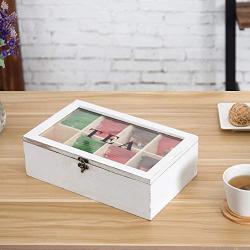 MyGift 8-Compartment Vintage White Wood Tea Bag Storage Boxes with Lid