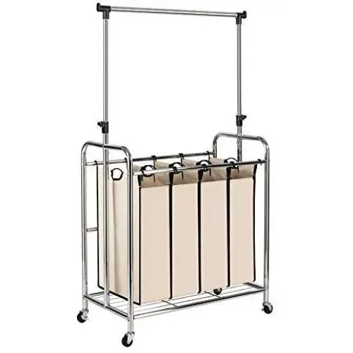 Bonnlo 4-Bag Laundry Sorter with Hanging Bar, Heavy-Duty Wheels, Removable Bags and Brake Carters, Beige