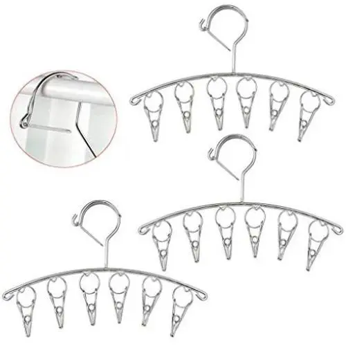 MEIYIN 3Pcs Stainless Steel Laundry Drying Rack Drip Hanger with 6/8/10 Clips Automatic Windproof Hook for Underwear Sock