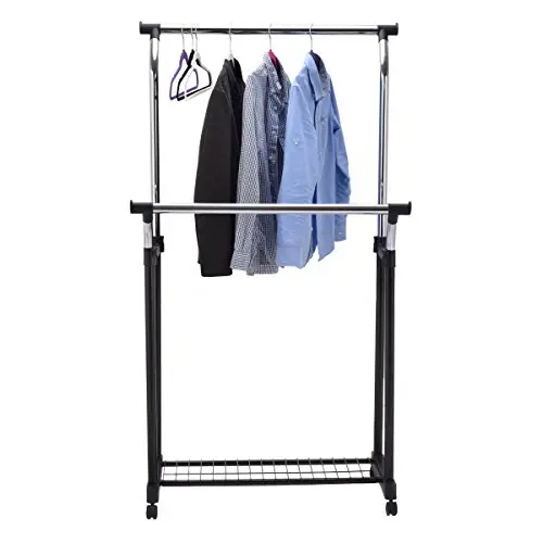 Rolling Clothes Hanger Shoe Rack Portable Double Rail Adjustable Garment Rack For good helper to organize your clothes and shoes. Rolling Clothes Hanger Shoe Rack Portable Double Rail Adjustable Garment Rack For good helper to organize your clothes and shoes.