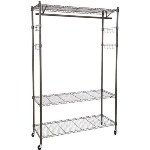 Modrine Heavy Duty Clothing Rack, 3 Tiers Portable Clothes Racks, with Lockable Rolling Wheels, 4 Side Hooks and 1 Clothes Rod (Gray)