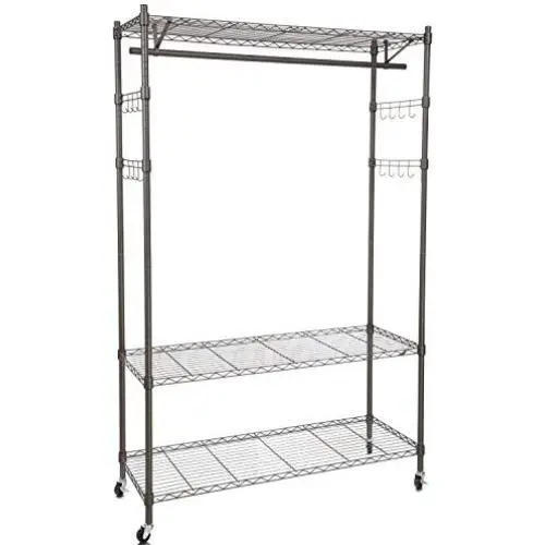 Modrine Heavy Duty Clothing Rack, 3 Tiers Portable Clothes Racks, with Lockable Rolling Wheels, 4 Side Hooks and 1 Clothes Rod (Gray) Modrine Heavy Duty Clothing Rack, 3 Tiers Portable Clothes Racks, with Lockable Rolling Wheels, 4 Side Hooks and 1 Clothes Rod (Gray)