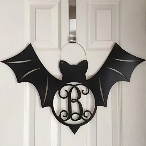Monogram Bat Door Hanger - Halloween Door Hanger - Black Bat Initial Wreath - Fall Door Hanger - Black Bat Wreath - Halloween Decor