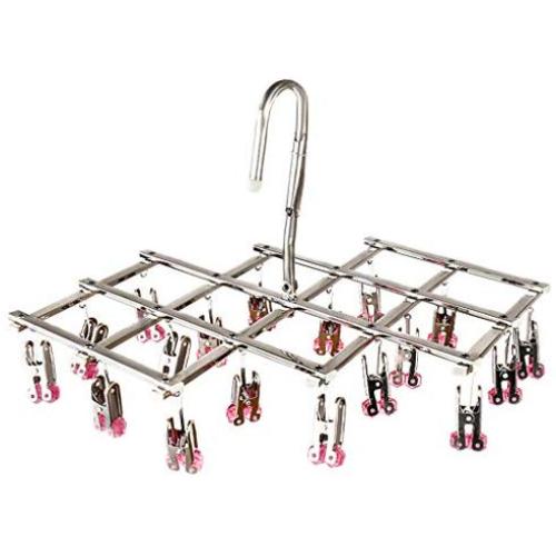 niumanery Windproof Foldable Quickly Remove Stainless Steel Laundry Clothes Drying Rack Drip Hanger with 18 Clips for Underwear Sock Glove Bra Pink