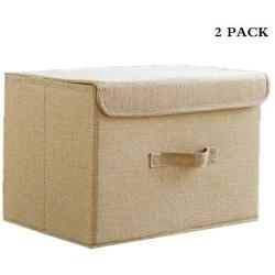 CHengQiSM Set of 2 Storage Boxes with Lids Foldable Large Storage Bins Cubes Containers Baskets with Removable Dividers for Home Closet Office Car Boot Clothes Toys Files Books, Beige