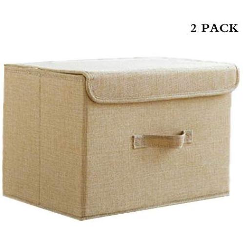 CHengQiSM Set of 2 Storage Boxes with Lids Foldable Large Storage Bins Cubes Containers Baskets with Removable Dividers for Home Closet Office Car Boot Clothes Toys Files Books, Beige