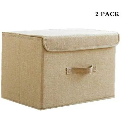 CHengQiSM Set of 2 Storage Boxes with Lids Foldable Large Storage Bins Cubes Containers Baskets with Removable Dividers for Home Closet Office Car Boot Clothes Toys Files Books, Beige