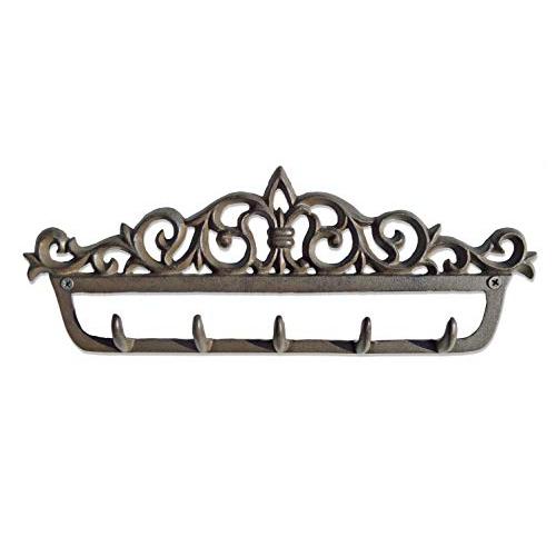 gasare, Cast Iron Key Holder for Wall, Decorative Hooks, 5 Hangers, 12.5 x 4.75 Inches, Cast Iron, Antique Brown Color, Screws and Anchors,1 Unit