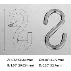 S Hook - Marine Grade 316 Stainless Steel 1.56'' Long, 5/32'' Thick Metal Hook for Hanging and Utility Use (10)