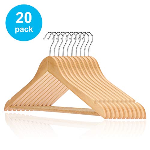 HKLIVE Natural Wooden Suit Hangers with Pants Bar Solid Wood Coat Hanger with 360 Degree Swivel Hook 20 Pack