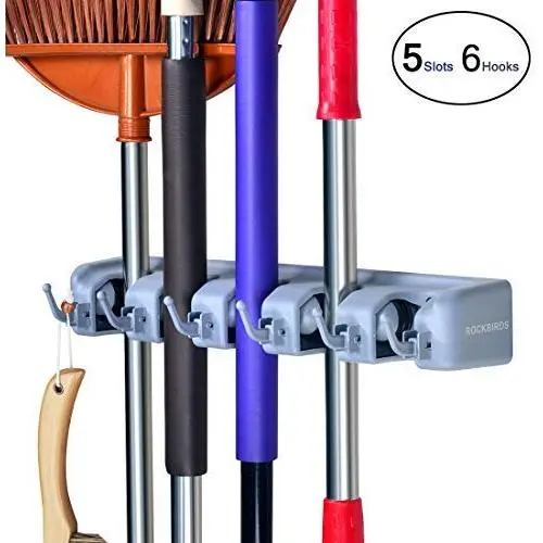 RockBirds Mop Broom Holder, Garden Tools Wall Mounted Commercial Organizer Saving Space Storage Rack for Kitchen Garden and Garage (5 Position with 6 Hooks) (1 Pack)