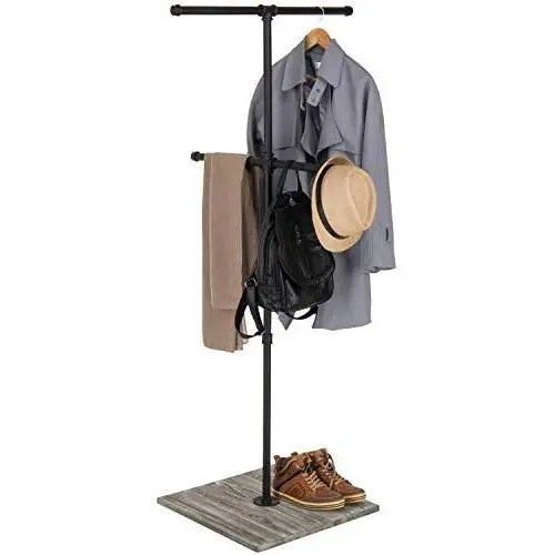 MyGift Industrial Pipe Clothing Display Stand with Vintage Gray Wood Base MyGift Industrial Pipe Clothing Display Stand with Vintage Gray Wood Base
