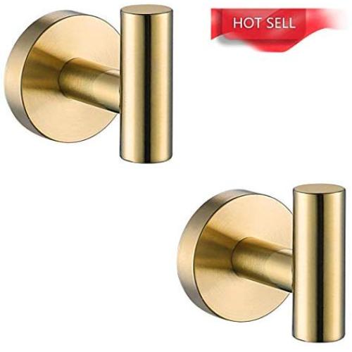 Single Robe Hook, Towel Hook Brushed Gold, SUS304 Stainless Steel Bathroom Clothes Cabinet Closet Coat Hook Wall Mounted,Round,Heavy Duty Door Hanger, 2 Pack