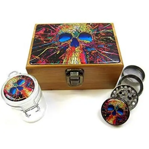 Herb Stash Boxes Set All in One Combo, Metal Grinder, Storage Jar, label- Skull (Skull)