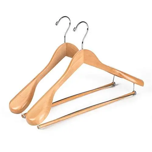 2 Quality Luxury Wooden Suit Hangers Wide Wood Hanger for Coats and Pants with Locking Bar Great for Travelers Heavy Duty(2, Natural Finish)