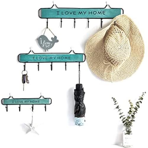 Wall-Mounted Coat Rack, 15-inch Wooden Shelving Hook Storage Key Holder with 5 Metal Hooks for Keys Towel Clothes Hats Bags Mudroom Bathroom Entryway, (2 Packs, Blue)