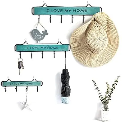 Wall-Mounted Coat Rack, 15-inch Wooden Shelving Hook Storage Key Holder with 5 Metal Hooks for Keys Towel Clothes Hats Bags Mudroom Bathroom Entryway, (2 Packs, Blue) Wall-Mounted Coat Rack, 15-inch Wooden Shelving Hook Storage Key Holder with 5 Metal Hooks for Keys Towel Clothes Hats Bags Mudroom Bathroom Entryway, (2 Packs, Blue)
