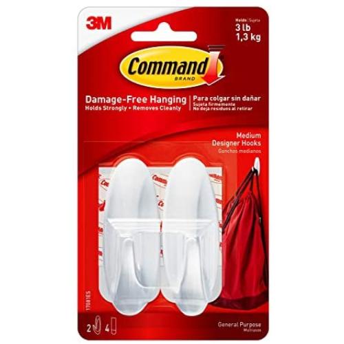 Command Medium Designer Hooks, White, 2-Hooks, Organize & Decorate Damage-Free