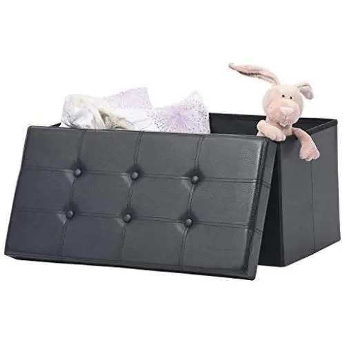 AuAg Folding Storage Ottoman Bench Faux Leather Toy Box/Chest Living Room Seat Foot Rest Storage Organizer Easy to Assemble (Black, 30")