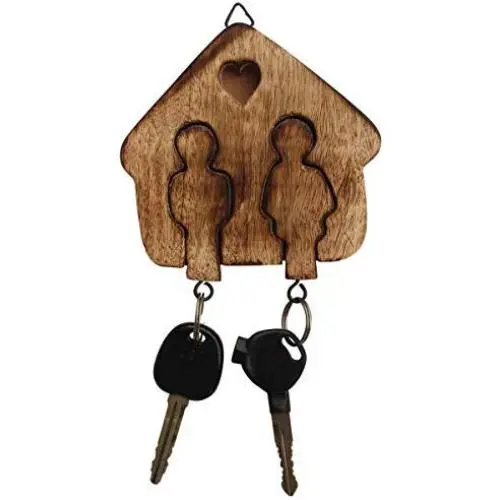 Crafkart Set of 2 Wood Key Ring Chain with Holder - Couple Goals Wooden Couple Key Chains Key Ring Set - Handmade Keyring Keychain and Key Holder - Couple Goals