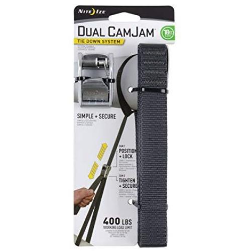 Nite Ize Dual CamJam Tie Down Strap System, Proprietary Dual Cam Zinc Alloy Buckle + High Strength Nylon Strap, 400LB Load Limit, 18FT Webbing Nite Ize Dual CamJam Tie Down Strap System, Proprietary Dual Cam Zinc Alloy Buckle + High Strength Nylon Strap, 400LB Load Limit, 18FT Webbing