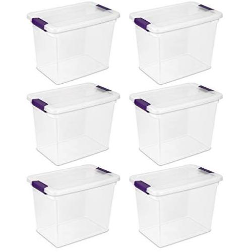 Sterilite 17631706 27 Quart/26 Liter ClearView Latch Box, Clear with Sweet Plum Latches, 6-Pack