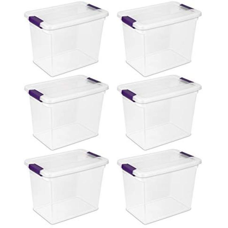 Sterilite 19859806 30 Quart/28 Liter Ultra Latch Box Clear with A White Lid and Black Latches 6-Pack