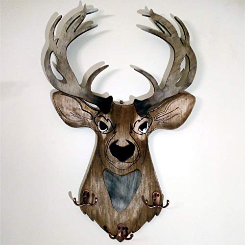 Deer Head Coat Rack, Hat Rack, Decorative Home Storage, Handmade on Engraved Rustic Wood, Key Hanger, Dog Leash Holder, Entryway Foyer Hallway Office Bedroom Man Cave Hunter Decor, Wall Mount