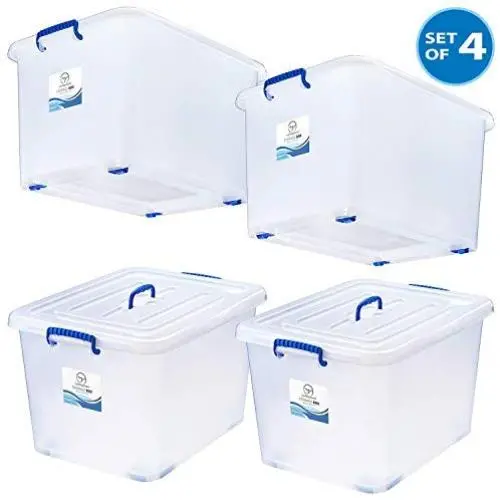 95 Quart Plastic Storage Bins with Lids and Wheels - White Semi-Clear Large Durable Storage Boxes - Stackable Space-Saver Containers - Tough and Secure Organizers for Home, Office, School - Set of 4