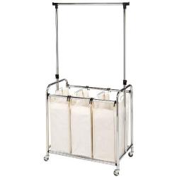 Seville Classics Mobile 3-Bag Heavy-Duty Laundry Hamper Sorter with Clothes Rack Cart, Chrome