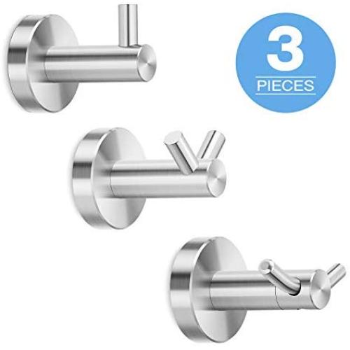 JOUBU Towel Hook Brushed Nickel,Contains a Round Utility Towel Hook,A Double Prong Coat Hook,A Single Prong Robe Hook for Bathroom Toilet Kitchen Garage Home Storage Clothes Hanger,Wall Mounted 3-PACK