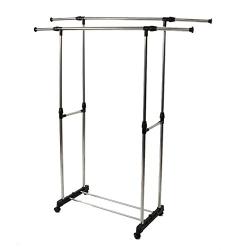 Heavy Duty Double Adjustable Portable Clothes Hanger Rolling Garment Rack Rail