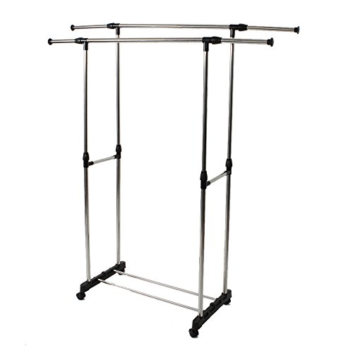 Heavy Duty Double Adjustable Portable Clothes Hanger Rolling Garment Rack Rail