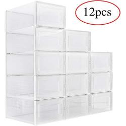 WAYTRIM Foldable Shoe Box, Stackable Clear Shoe Storage Boxes - Storage Bins Shoe Container Organizer, 12 Pack - White