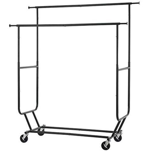 Cypress Shop Commercial Double Garment Rail Rack Hanger Bar Adjustable Rolling Clothing Hanging Rack Steel Durable Trolley Collapsible Clothes Dryer Indoor Outdoor Home Furniture (Black)