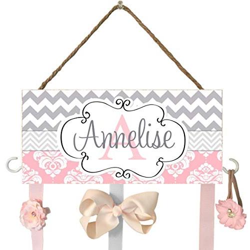 Pink and Gray Personalized Hair Bow Holder with Hooks, Headband Holder, Hair Bow Holder, Baby Shower Gift, Pink, Gray, Elegant, Hair Bow Organizer, Farmhouse baby bedroom decor, Damask Chevron, Hanger