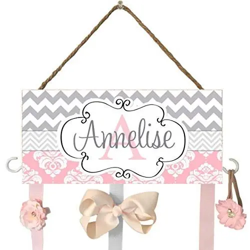 Pink and Gray Personalized Hair Bow Holder with Hooks, Headband Holder, Hair Bow Holder, Baby Shower Gift, Pink, Gray, Elegant, Hair Bow Organizer, Farmhouse baby bedroom decor, Damask Chevron, Hanger Pink and Gray Personalized Hair Bow Holder with Hooks, Headband Holder, Hair Bow Holder, Baby Shower Gift, Pink, Gray, Elegant, Hair Bow Organizer, Farmhouse baby bedroom decor, Damask Chevron, Hanger