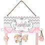 Pink and Gray Personalized Hair Bow Holder with Hooks, Headband Holder, Hair Bow Holder, Baby Shower Gift, Pink, Gray, Elegant, Hair Bow Organizer, Farmhouse baby bedroom decor, Damask Chevron, Hanger